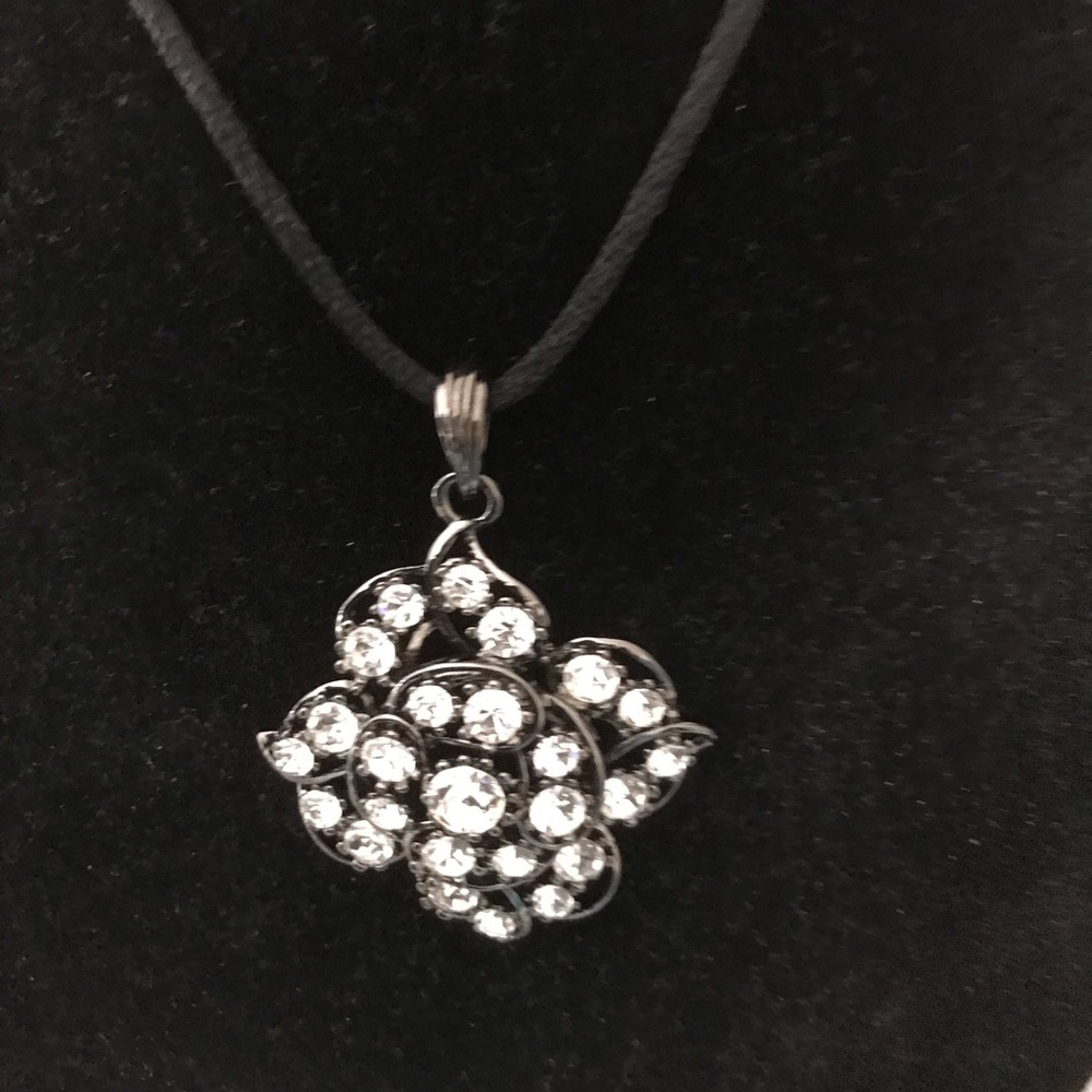 CRYSTAL NECKLACE WITH BLACK SATIN CORD AND MATCHING CLIP EARRINGS